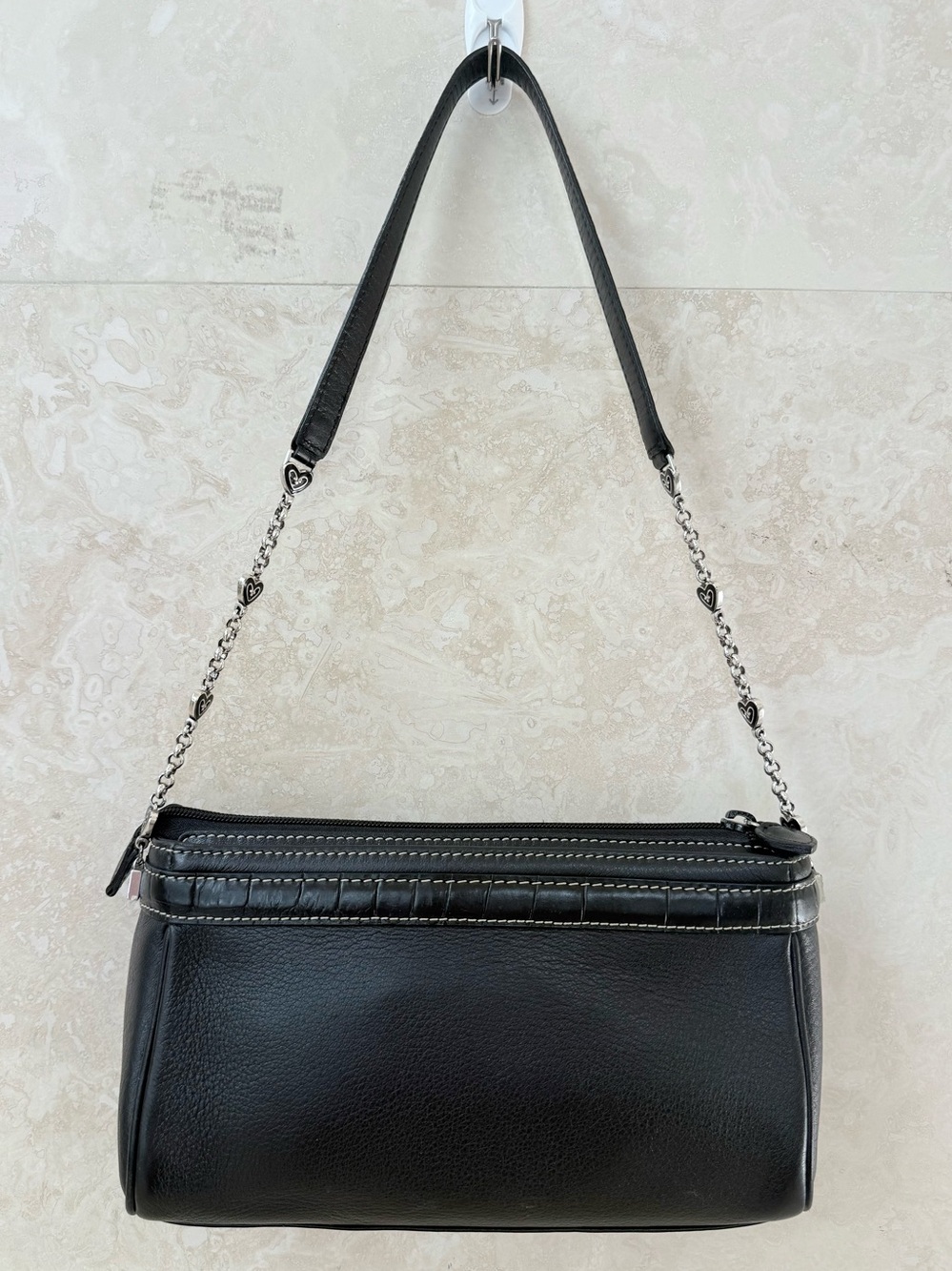 Brighton Black Leather Shoulder Bag Croc Trim with Heart Charms EUC - Picture 2 of 14
